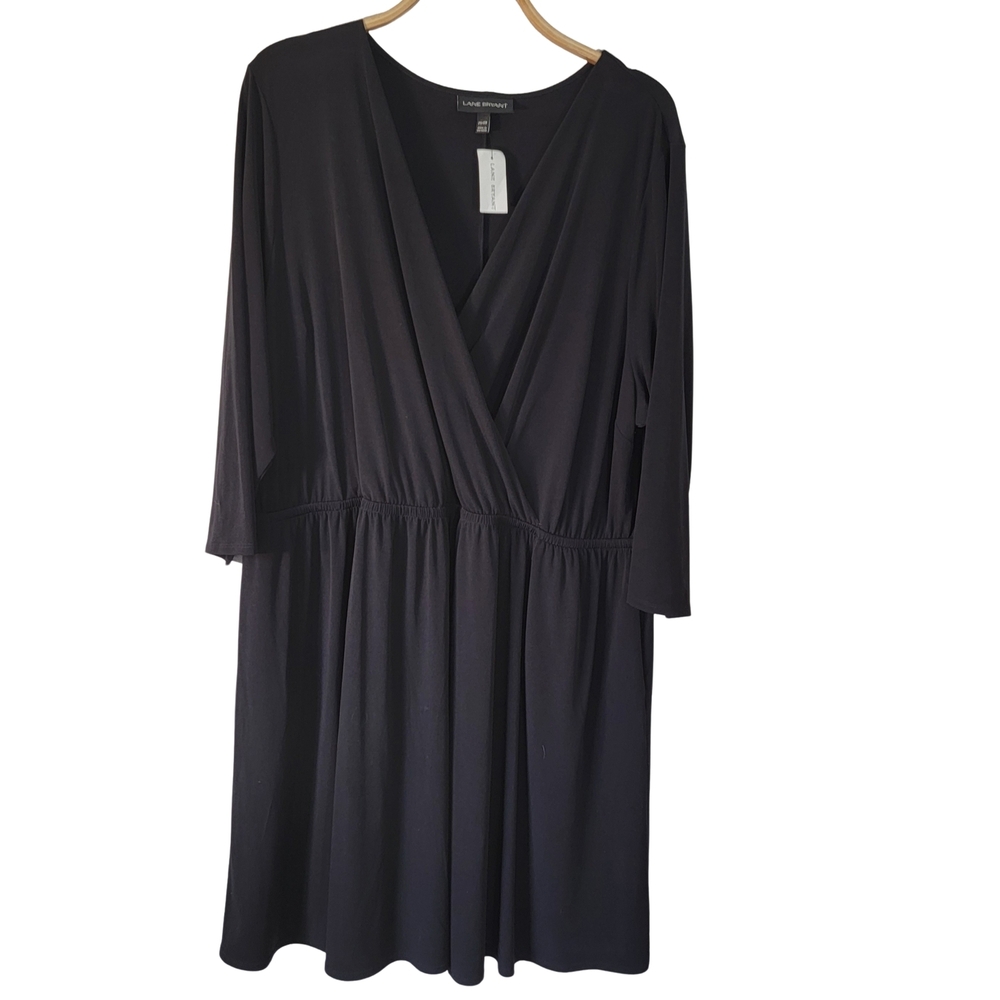 Lane Bryant Black Faux Wrap Knit Midi Dress Plus Size 26W NWOT